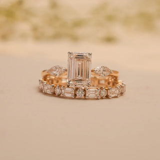 yellow gold stackable lab grown diamond engagement ring placed with a beige background