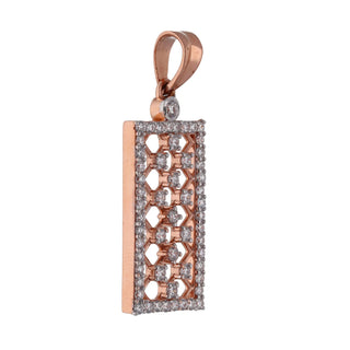 Réia Diamonds rectangular rose gold pendant with a lattice design, bordered with small diamonds and a diamond-studded bail.