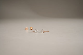 Pair of pear-shaped lab-grown diamond stud earrings in a rose gold setting. The earrings and screw-backs are on a simple, gray surface.