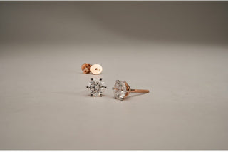 Pair of classic round lab-grown diamond solitaire stud earrings in a six-prong rose gold setting. The earrings and their screw-back findings are displayed on a simple, light gray background.