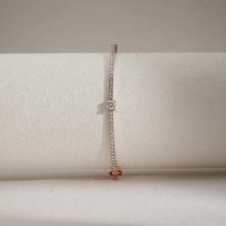 Front view of 14KT Rose Gold Elegant Diamond-Studded Bracelet with EF VVS round-cut diamonds in a sleek row, designed for refined sparkle and everyday luxury.