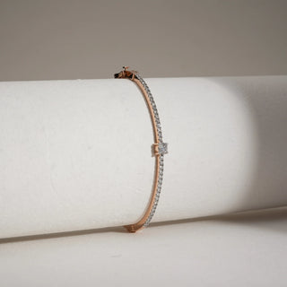 Angle view of 14KT Rose Gold Elegant Diamond-Studded Bracelet featuring a fine row of EF VVS round-cut diamonds, crafted for timeless luxury and everyday sophistication.