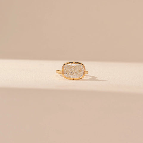 Front view of Cushion-Cut Solitaire Diamond Ring in 14KT Yellow Gold, featuring a bezel-set lab-grown diamond with rounded edges.