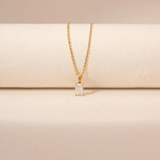 Front view of Emerald Cut Diamond Necklace in 14KT Yellow Gold, featuring a rectangular lab-grown diamond on a delicate chain.