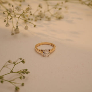 Top view of the Golden Vow Solitaire Diamond Ring by Reia, showcasing its brilliant round-cut EF-VVS lab-grown diamond on a smooth 14KT yellow gold band, set against a beige background with delicate white floral accents.
