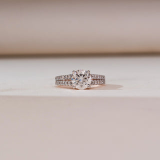 Front view of Double Row Pavé Diamond Ring in 14KT yellow gold, featuring a round brilliant centre diamond with two parallel rows of pavé-set diamonds along the band.