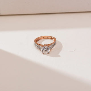 Top view of Double Row Pavé Diamond Ring in 14KT yellow gold, featuring a round brilliant centre diamond with two parallel rows of pavé-set diamonds along the band.