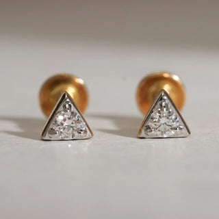 Front view of Geometric Diamond Triangle Stud Earrings in 14KT Yellow Gold, featuring EF VVS round-cut diamonds set in modern triangular frames, totalling 0.043 carats.