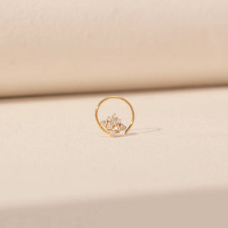 Front view of Floral Cluster Diamond Open Hoop Nosepin in 14KT Yellow Gold, featuring a sparkling diamond cluster.