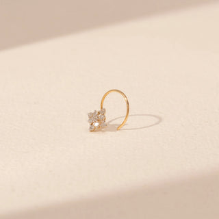 Side view of Floral Cluster Diamond Open Hoop Nosepin in 14KT Yellow Gold, featuring a sparkling diamond cluster.