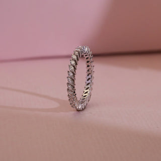 Side view of Reia 14KT Yellow Gold Marquise Diamond Eternity Band Ring featuring EF VVS round diamonds in a continuous marquise-inspired design, symbolizing elegance and timeless beauty.