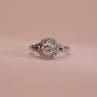 Eternal Sparkle Diamond Halo Ring in 14KT White Gold, featuring a 0.6 carat centre diamond with double pavé halos and split shank, symbolising timeless brilliance and elegance.