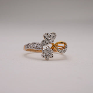 Front view of Floral Cluster Diamond Gold Ring in 14KT Yellow Gold, featuring dual floral motifs with EF VVS round diamonds and a diamond-studded band for timeless elegance.