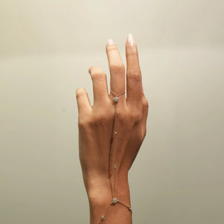 Front view of Floral Diamond Hand Chain in 14KT Yellow Gold, featuring floral diamond motifs linking the ring and bracelet.