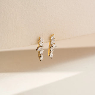 Side view of Delicate Vine Cluster Diamond Earrings in 14KT Yellow Gold, featuring marquise lab-grown diamonds.