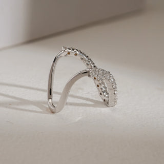 Angled view of 14KT White Gold Chevron Diamond Eternity Band Ring featuring EF VVS round diamonds in a V-shaped design, perfect for stacking or standalone sparkle.