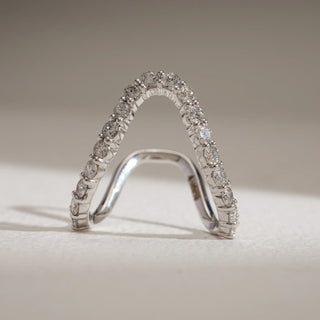 Front view of 14KT White Gold Chevron Diamond Eternity Band Ring with EF VVS round diamonds, crafted in a V-shaped design for stacking elegance and timeless brilliance.