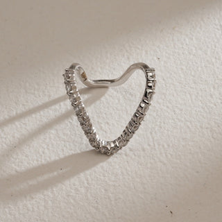 Close-up view of 14KT White Gold Chevron Diamond Eternity Band Ring with EF VVS round diamonds, showcasing a V-shaped design for stacking or solo elegance.