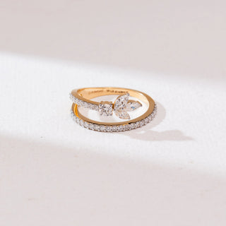 Front view of the Marquise Leaf Cluster Diamond Ring in 14KT yellow gold, featuring marquise-cut diamonds arranged like leaves with a round center stone and a pavé diamond band on a neutral background.