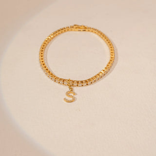 Top view of Delicate Diamond Initial Charm Bracelet in 14KT Dual Gold, featuring round lab-grown diamonds and initial charm.