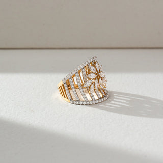 Side view of Wide Floral Diamond Ring in 14KT Yellow Gold, featuring marquise lab grown diamonds in a lattice cluster with pavé border. Set on a neutral backdrop, the design highlights depth and bold brilliance.
