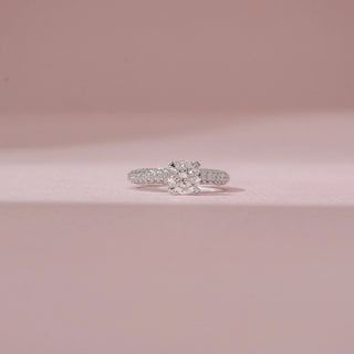 Front view of a 14KT White Gold diamond ring, featuring a cushion-cut centre diamond and diamond-set band.