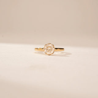 Front view of a 14KT Yellow Gold diamond ring, featuring a round centre diamond in a scalloped setting.