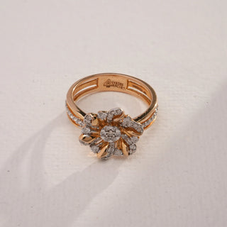 Close-up top view of Golden Blossom Diamond Cocktail Ring in 14KT Yellow Gold, featuring floral diamond-studded petals with EF VVS round diamonds for bold sparkle.