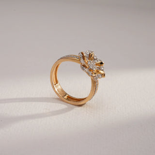 Side view of Golden Blossom Diamond Cocktail Ring in 14KT Yellow Gold, showcasing bold floral petals set with EF VVS round diamonds for radiant sparkle and statement style.