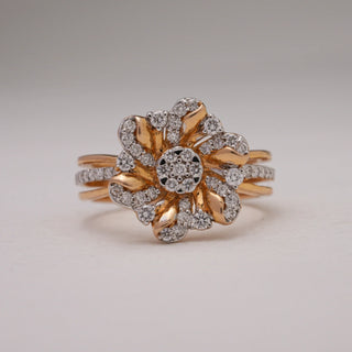Close-up view of Golden Blossom Diamond Cocktail Ring in 14KT Yellow Gold, featuring bold flower design with EF VVS round diamonds, radiating sparkle and statement elegance.