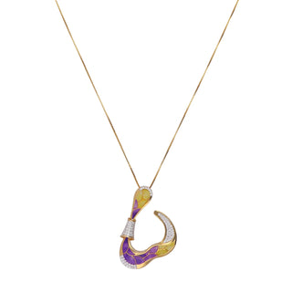 On a white background, a front view of a female pendant modeled on a neckline, featuring a captivating design crafted from 14 KT yellow gold. its a striking 1.05 carat lab-grown diamond and the weight of the product is 6.9 grams, beautifully set in a crescent-shaped frame adorned with vibrant purple gemstones, creating a mesmerizing contrast. The pendant hangs delicately from a fine gold chain, showcasing its radiant beauty.