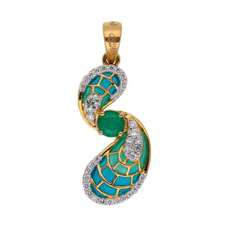 The front view of female pendant on a white background, showcases a graceful design crafted in 14 KT yellow gold weighing 2.43 grams. The intricate enamel work features vibrant green hues that create a striking contrast against the gold. Sparkling lab-grown diamonds, totalling 0.2 carats, are elegantly set within the swirling pattern, adding a touch of brilliance.