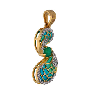 The side view of female pendant on a white background, showcases a graceful design crafted in 14 KT yellow gold  weighing 2.43 grams. The intricate enamel work features vibrant green hues that create a striking contrast against the gold. Sparkling lab-grown diamonds, totalling 0.2 carats, are elegantly set within the swirling pattern, adding a touch of brilliance.