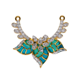 On a white background, the front view of a female pendant featuring a design crafted in 14 KT yellow gold and studded with 0.5 carats of dazzling lab-grown diamonds and the weight of the product is 2.84 grams. The vibrant turquoise green enamel work creates a striking contrast against the brilliant white diamonds and gold, showcasing intricate artistry. The symmetrical wings are adorned with delicate diamond accents, adding a touch of elegance and sparkle. 