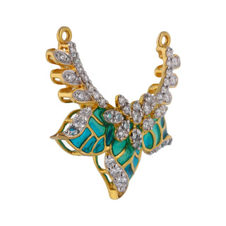 On a white background, The side view of a female pendant featuring a design crafted in 14 KT yellow gold and studded with 0.5 carats of dazzling lab-grown diamonds and the weight of the product is 2.84 grams. The vibrant turquoise green enamel work creates a striking contrast against the brilliant white diamonds and gold, showcasing intricate artistry. The symmetrical wings are adorned with delicate diamond accents, adding a touch of elegance and sparkle