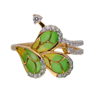 The front view of the female ring of size 12 in 14 KT yellow gold showcases a striking 0.32-carat diamond, set against a lush emerald enamel backdrop. The vibrant green enamel enhances the diamond brilliance, while the yellow gold band adds a touch of warmth and sophistication. The clean, white background highlights the ring’s intricate design and the radiant sparkle of the lab-grown diamond.