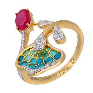 Side view of a female  ring of size 12 on a white background, featuring a pink gemstone accented by smaller round diamonds. The centrepiece is a vibrant ruby complemented by an ornate green gemstone motif, arranged in a floral or leaf design. The lab-grown diamond ring band is crafted from 14 KT yellow gold metalwork and 0.26 carats and the weight of the product is 3.38 grams.