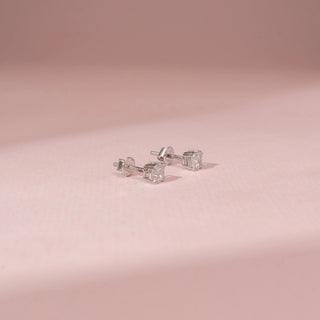 Side view of Elegant Cushion Cut Diamond Earrings in 14KT White Gold, featuring cushion-cut lab-grown diamonds.