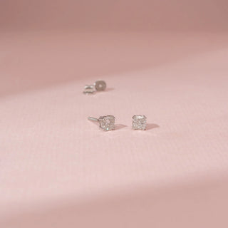 Angled view of Elegant Cushion Cut Diamond Earrings in 14KT White Gold, featuring cushion-cut lab-grown diamonds.