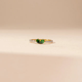 Front view of Elegant Emerald Duo Diamond Ring in 14KT Yellow Gold, featuring green emeralds and round lab-grown diamonds.