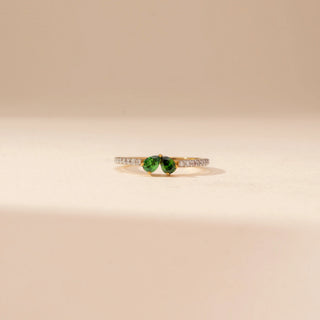 Front view of Elegant Emerald Duo Diamond Ring in 14KT Yellow Gold, featuring green emeralds and round lab-grown diamonds.