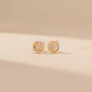 Front view of Floral Cluster Diamond Stud Earrings in 14KT Yellow Gold, featuring round diamond clusters with curved pavé arcs.