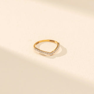 Top view of V-Shaped Diamond Ring in 14KT Yellow Gold, featuring round lab-grown diamonds along the V-shaped band.