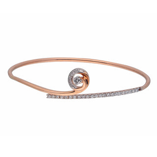 A close-up front view of an elegant female bracelet of size 2.3  featuring a slim rose gold band with an eye-catching diamond-studded spiral modelled on a white background with a weight of 7.39 grams. The 14 KT rose gold bracelet with a spring lock showcases 0.58 carats of lab-grown diamonds, creating a sleek, modern design that balances minimalism with luxury against a clean white backdrop.