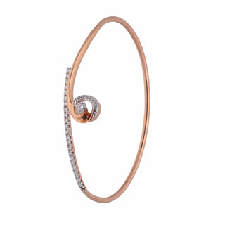 Vertical view of an elegant female bracelet of size 2.3, on a white background, featuring a slim rose bracelet with an eye-catching diamond-studded spiral at one end with a weight of 7.39 grams. The 14 KT rose gold setting showcases 0.58 carats of lab-grown diamonds with a spring lock, creating a sleek, modern design that balances minimalism with luxury against a clean white backdrop.