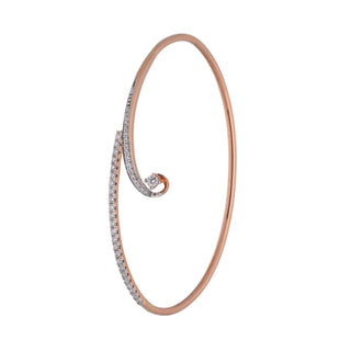 Vertical view of an elegant female bracelet of size 2.6, on a white background, featuring a slim rose gold bracelet with an eye-catching diamond-studded spiral at one end. The 14 KT rose gold bracelet showcases 0.64 carats with a spring lock of lab-grown diamonds and the weight is 5.96 grams, creating a sleek, modern design that balances minimalism with luxury against a clean white backdrop.