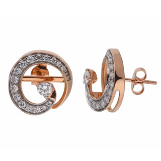 A close-up front-side view of an female earring on a white background, featuring a modern circular design made of 14 KT rose gold. Each earring has a round brilliant-cut lab-grown diamond at the centre, surrounded by a halo of smaller round diamonds secured through a bombay screw. The total carat weight of the diamonds in this pair is 0.93 carats, and the weight is 4.69 grams, creating a sparkling and elegant look.