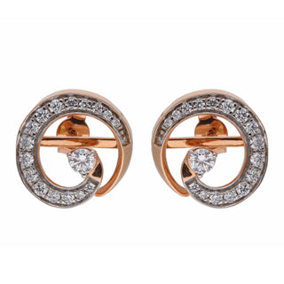 A close-up front view of an female earring on a white background, featuring a modern circular design made of 14 KT rose gold. Each earring has a round brilliant-cut lab-grown diamond at the centre, surrounded by a halo of smaller round diamonds secured through a bombay screw. The total carat weight of the diamonds in this pair is 0.93 carats and the weight is 4.69 grams, creating a sparkling and elegant look.