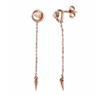 A close-up front-side view of an female earring on a white background featuring a 14 KT rose gold setting with a round diamond stud on the earlobe connected by a chain to a dangling spike pendant weighing 2.39 grams secured through a bombay screw. The total carat weight of the lab-grown diamonds is 0.24 carats, showcasing an elegant and trendy style.