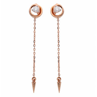 A close-up front view of an female earring on a white background featuring a 14 KT rose gold setting with a round diamond stud on the earlobe connected by a chain to a dangling spike pendant weighing 2.39 grams secured through a bombay screw. The total carat weight of the lab-grown diamonds is 0.24 carats, showcasing an elegant and trendy style.